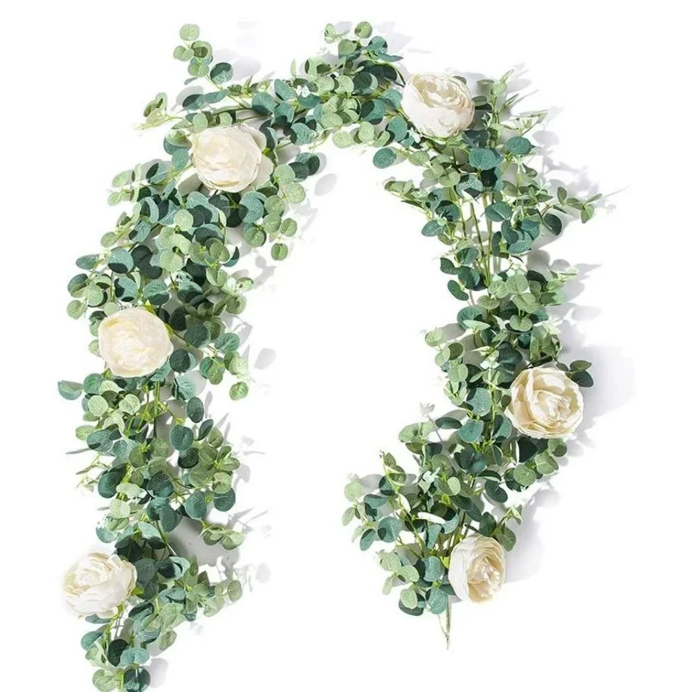 Hanging Eucalyptus Garland with 6 Ivory Champagne Roses Vine Flower Decor ~ NEW